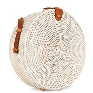 Rattan Circle Shoulder Bag Purse White Brown Strap Snap Closure Red Inside
